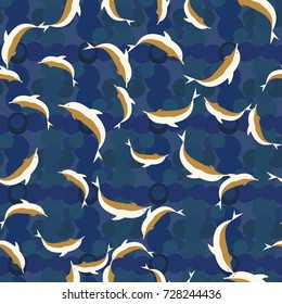 Seamless texture with a flock of dolphins under water, illustration for background
