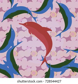 Seamless texture with a flock of dolphins under water, illustration for background