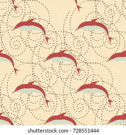 Seamless texture with a flock of dolphins under water, illustration for background