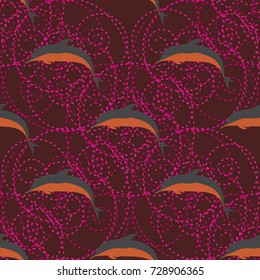 Seamless texture with a flock of dolphins under water, illustration for background