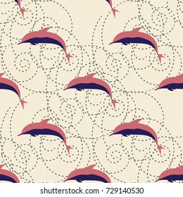 Seamless texture with a flock of dolphins under water, illustration for background