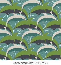 Seamless texture with a flock of dolphins under water, illustration for background