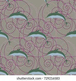 Seamless texture with a flock of dolphins under water, illustration for background