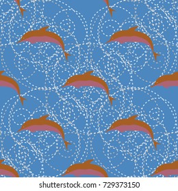 Seamless texture with a flock of dolphins under water, illustration for background