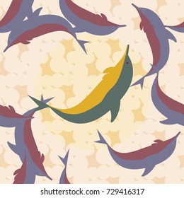 Seamless texture with a flock of dolphins under water, illustration for background