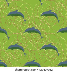 Seamless texture with a flock of dolphins under water, illustration for background