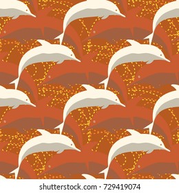 Seamless texture with a flock of dolphins under water, illustration for background
