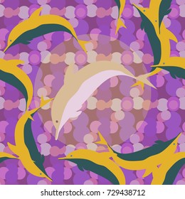 Seamless texture with a flock of dolphins under water, illustration for background