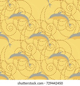 Seamless texture with a flock of dolphins under water, illustration for background