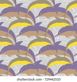 Seamless texture with a flock of dolphins under water, illustration for background