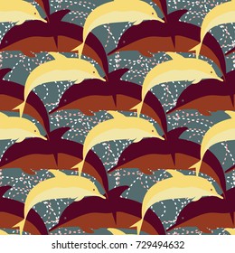 Seamless texture with a flock of dolphins under water, illustration for background