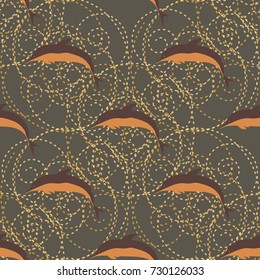 Seamless texture with a flock of dolphins under water, illustration for background