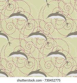 Seamless texture with a flock of dolphins under water, illustration for background