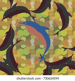 Seamless texture with a flock of dolphins under water, illustration for background