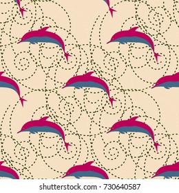 Seamless texture with a flock of dolphins under water, illustration for background