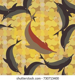 Seamless texture with a flock of dolphins under water, illustration for background