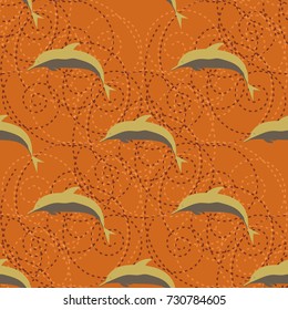 Seamless texture with a flock of dolphins under water, illustration for background