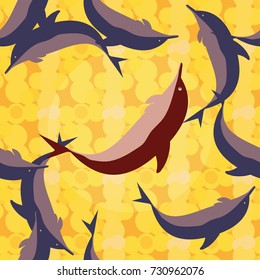Seamless texture with a flock of dolphins under water, illustration for background