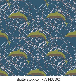 Seamless texture with a flock of dolphins under water, illustration for background