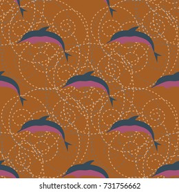 Seamless texture with a flock of dolphins under water, illustration for background