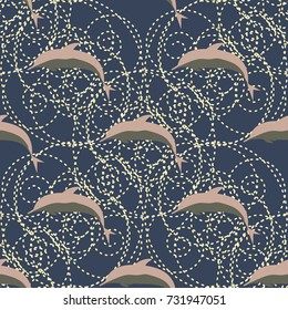 Seamless texture with a flock of dolphins under water, illustration for background