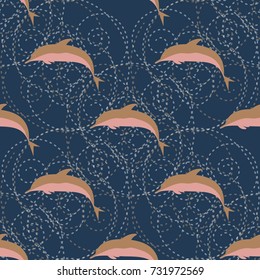 Seamless texture with a flock of dolphins under water, illustration for background