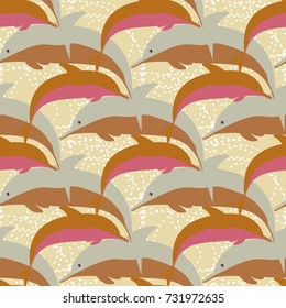 Seamless texture with a flock of dolphins under water, illustration for background