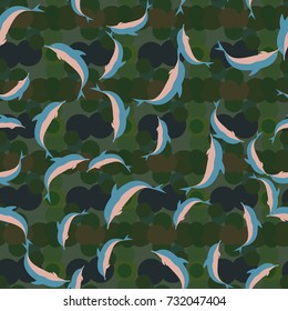 Seamless texture with a flock of dolphins under water, illustration for background