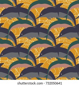 Seamless texture with a flock of dolphins under water, illustration for background
