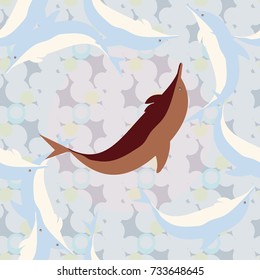 Seamless texture with a flock of dolphins under water, illustration for background