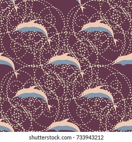 Seamless texture with a flock of dolphins under water, illustration for background