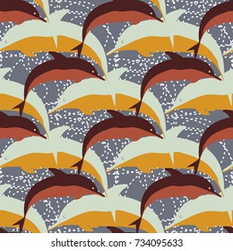 Seamless texture with a flock of dolphins under water, illustration for background