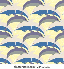 Seamless texture with a flock of dolphins under water, illustration for background