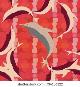 Seamless texture with a flock of dolphins under water, illustration for background