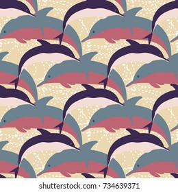 Seamless texture with a flock of dolphins under water, illustration for background