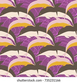 Seamless texture with a flock of dolphins under water, illustration for background