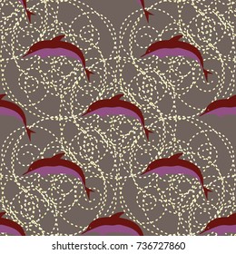 Seamless texture with a flock of dolphins under water, illustration for background
