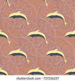 Seamless texture with a flock of dolphins under water, illustration for background