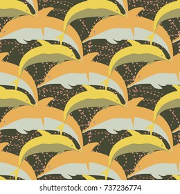 Seamless texture with a flock of dolphins under water, illustration for background