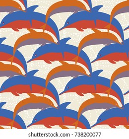 Seamless texture with a flock of dolphins under water, illustration for background