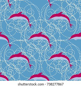 Seamless texture with a flock of dolphins under water, illustration for background