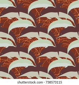 Seamless texture with a flock of dolphins under water, illustration for background