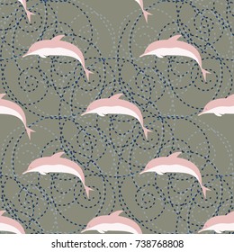 Seamless texture with a flock of dolphins under water, illustration for background