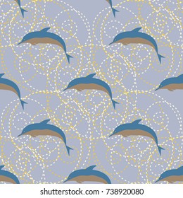 Seamless texture with a flock of dolphins under water, illustration for background