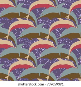 Seamless texture with a flock of dolphins under water, illustration for background