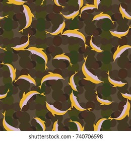 Seamless texture with a flock of dolphins under water, illustration for background