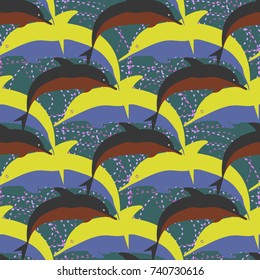 Seamless texture with a flock of dolphins under water, illustration for background