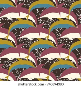 Seamless texture with a flock of dolphins under water, illustration for background