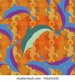Seamless texture with a flock of dolphins under water, illustration for background