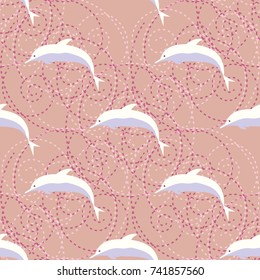 Seamless texture with a flock of dolphins under water, illustration for background